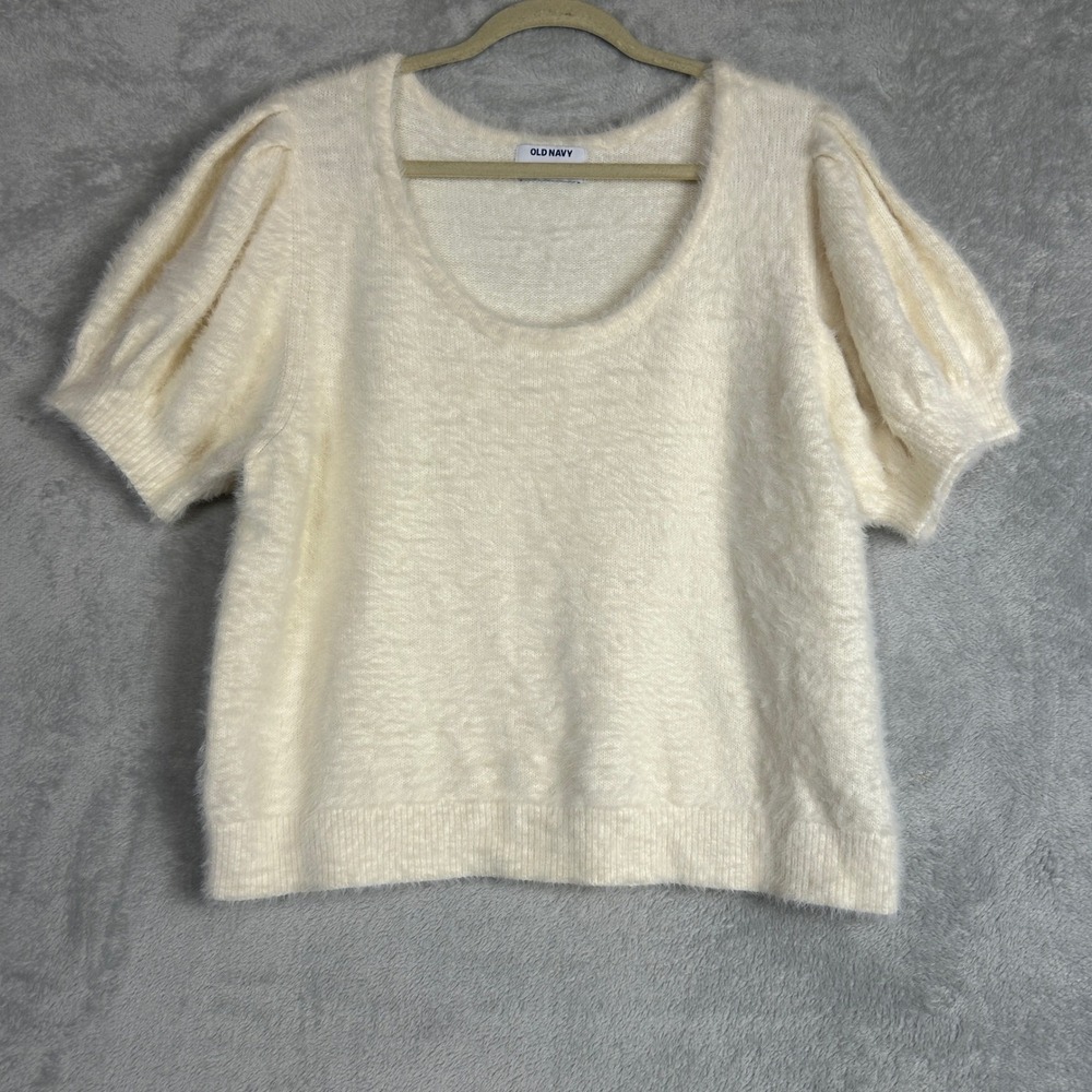 Old Navy Shirt Puff‎ Sleeve Eyelash Sweater Feminine XXL Ivory Party Holiday